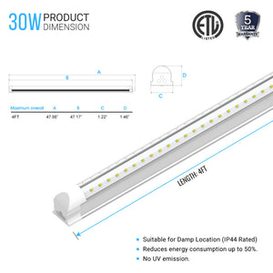 T8 4ft V Shape LED Tube 30W Integrated 6500K Clear, 3900 Lumens, No Ballast Required, LED Shop Lights - Garage Lighting