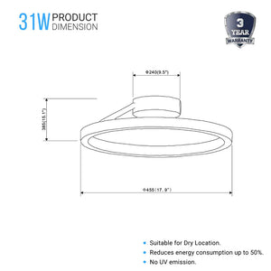 Circular LED Ceiling Light, 31W, 3000K, 1285LM, Dimmable, Aluminum Body Finish, Close to Ceiling Fixtures, Ceiling Light Fixtures