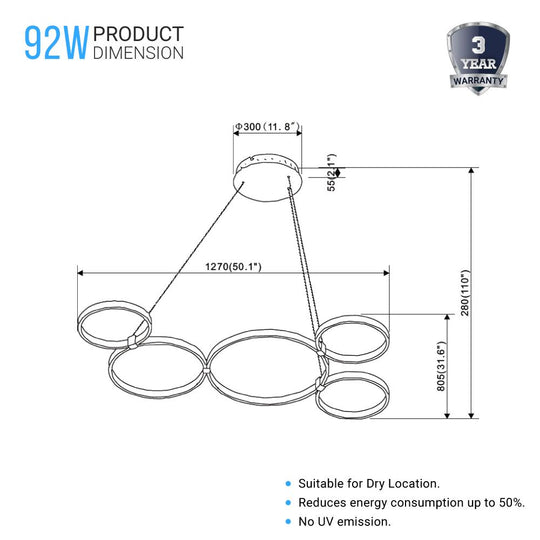 5-Light, Modern Circular Chandelier, 3677 Lumens, Wheel Chandelier, 92W, 3000K (Warm White), Dimension: 50.1''x31.6''x110'