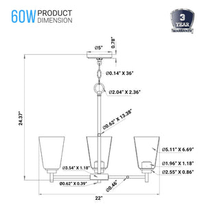 Chandelier Lighting Fixture, Flared Shape, Clear Glass Shades, E26 Base, UL Listed for Damp Location, 3 Years Warranty