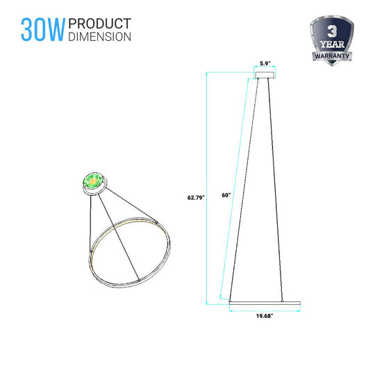 30W Circular LED Pendant Light - Dimmable, 3000K (Warm White), 2900 Lumens, ETL Listed, Brushed Nickel Finish