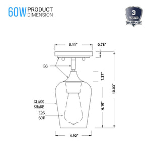 Semi-Flush Mount Lighting Brass Gold, with Bell Shape, E26 Base for Damp Location, Clear Glass Shade, Ceiling Mounting, UL Listed