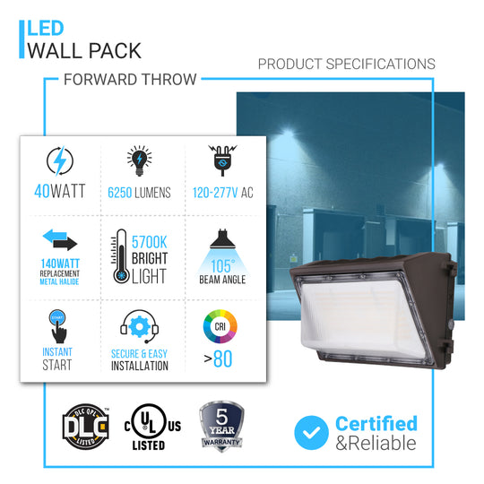 LED Wall Pack Light with Photocell, 40W, 5700K, 6250LM, AC120-277V, Waterproof, UL & DLC Listed