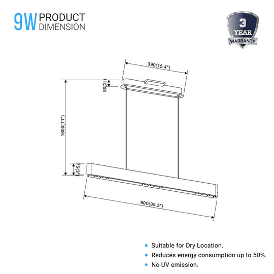 Integrated LED Linear, Long & Rectangular Chandelier In Matte Black Body Finish, 9W, 3000K(warm white), 450LM, Dimmable