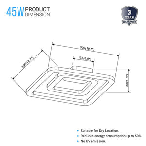 Indoor Square Ceiling Lights - 45W - 3000K-6500K - 2250LM - Dimmable - Simple Close to Ceiling Fixtures - 2- Square Shape