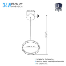 Load image into Gallery viewer, 1-Light, Ring LED Pendant Lighting, Unique Design, 34W, 3000K (Warm White), 1028LM, Dimmable, Aluminum Body Finish,