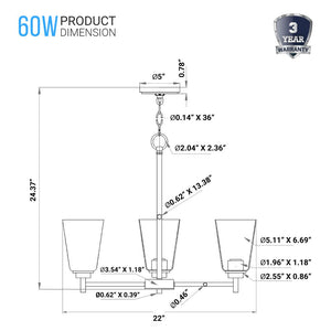 Chandelier Lighting Fixture, Flared Shape, Clear Glass Shades, E26 Base, UL Listed for Damp Location, 3 Years Warranty