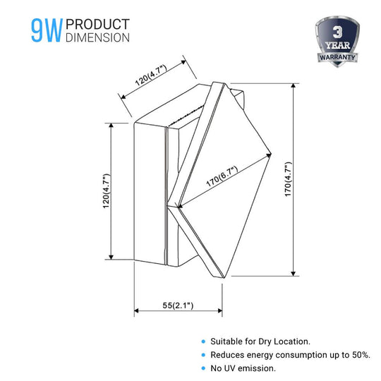 Modern Square Wall Sconce Light, 3000K, 9W, 338LM, Dimension: 6.7 x 2.1 x 6.7 Inch, Dimmable