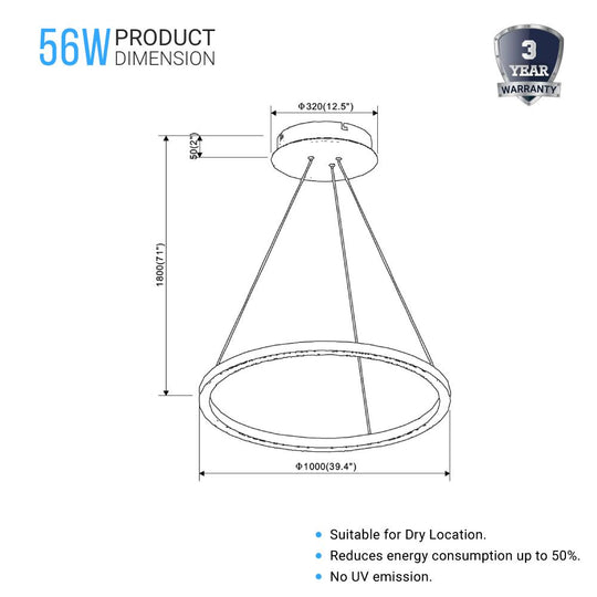Indoor Modern LED Circular 1-Ring Chandelier, 56W, 3000K, 2462LM, Diameter 39.4''×71'', Dimmable, Ceiling Lights