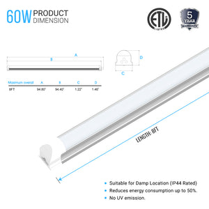 60 Watt LED Integrated Tube, T8 8 Feet - 210W Equivalent, 5000K Frosted, Linkable - Extendable Design - Basement Lighting