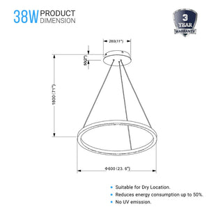 1-Ring LED Modern / Round Chandelier, Dimensions