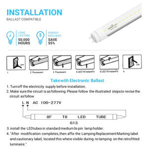 T8 4ft LED Tube/Bulb - 18W 2520 Lumens 5000K Clear, G13 Base, Single End Power - Ballast Bypass Fluorescent Replacement