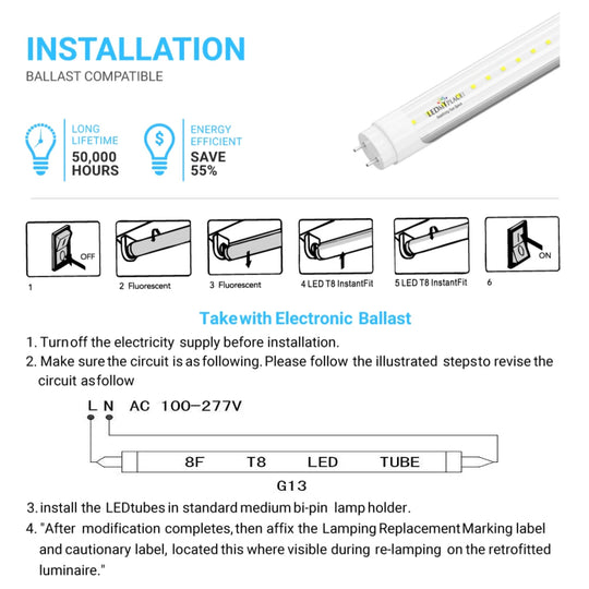 Hybrid T8 2ft LED Tube/Bulb - 8W 1120 Lumens 5000K Clear, Single End/Double End Power, Fluorescent Replacement - Ballast Compatible or Bypass (Check Compatibility List)