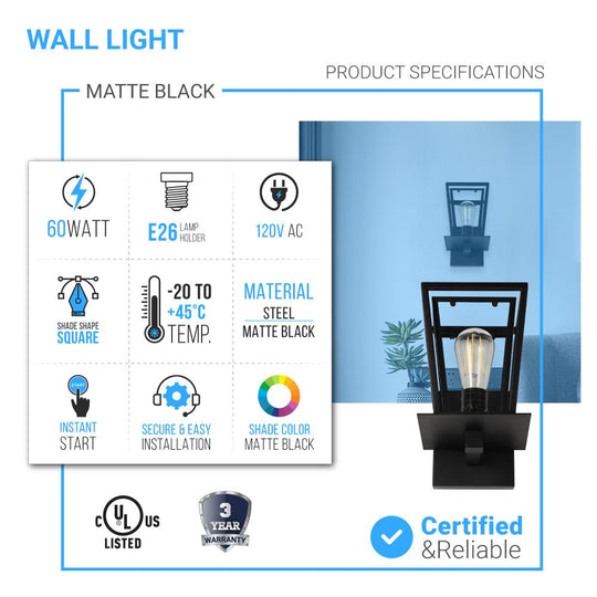 Wall Sconces and Wall Light Fixtures, Matte Black Finish, E26 Socket Wall Lamp, UL Listed for Damp Location