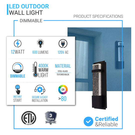 LED Indoor/Outdoor Wall Sconce Light, 12W, 4000K, 600LM, Bubble Glass, Dimmable, Wet Location