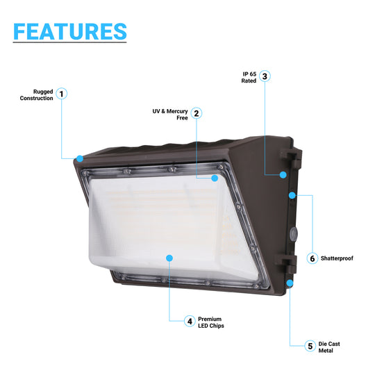 LED Wall Pack Light with Photocell, 40W, 5700K, 6300LM, AC120-277V, Waterproof, UL & DLC Listed