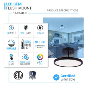 Circle - LED Semi Flush Mount Ceiling Lights, 28w, 1950LM, Dimmable, White Acrylic Shade with Matte Black Finish