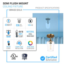 Load image into Gallery viewer, Semi-Flush Mount Lighting Brass Gold, with Bell Shape, E26 Base for Damp Location, Clear Glass Shade, Ceiling Mounting, UL Listed