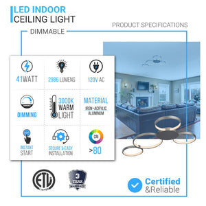 4 Rings - LED Circle Flushmount Lights - 41W - 3000K - 2986LM - Flushmount for Bedroom