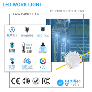 Construction Light Strings With Cage, 65W, 5000K, 8000 Lumens, IP65, Temporary LED Work Light, 50ft - 5 Lights Per Bunch