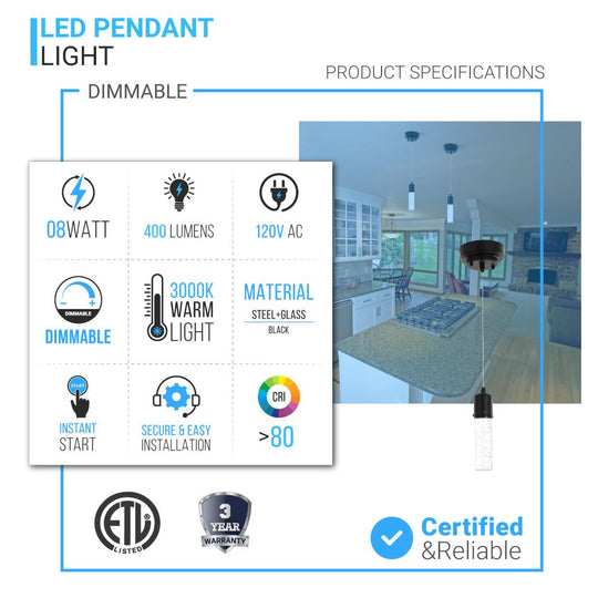 8W - Pendant Ceiling Light Fixture - Dimmable 3000K (Warm White) - Seedy Glass Shade, Dimmable, 400 Lumens, ETL Listed
