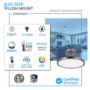 Modern Semi-Flush Mount Ceiling Light, 28W, 1950LM , Round - Flush Mount Light, Dimmable