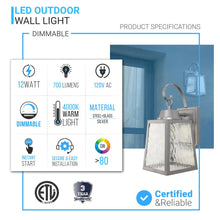 Load image into Gallery viewer, Outdoor LED Wall Lantern Fixture, 12W, 4000K (Cool White), 700 Lm, Dimmable, Water Glass Shade, wall sconce lighting