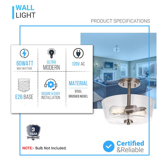 2-Lights, Round, Semi Flush Mount Lights - Stylish Ceiling Light, UL Listed for Damp Location, E26 Base, 3 Years Warranty