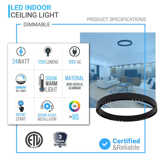Ring Flush Mount LED Lighting Fixture - 16W/24W - 3000K - 800LM/1200LM - Close to Ceiling lights - Dimmable