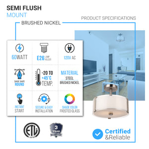 Flush Mount Drum Shape Light, E26 Base, Frosted Glass Shade and Brushed Nickel Finish, UL Listed - Damp Location