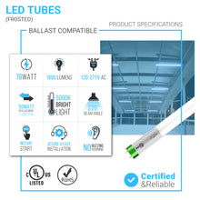 Load image into Gallery viewer, T8 4ft LED Tube/Bulb - Glass 18W 1710 Lumens 5000K Frosted, Retrofit, G13 Base, Single Ended Power - Ballast Bypass Fluorescent Replacement