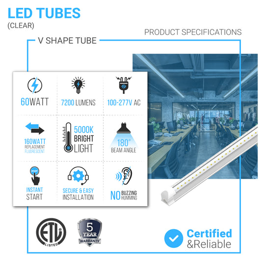 60W Integrated V Shape LED Tube, 8ft, 7200 Lumens 5000K Clear, Linkable T8 Integrated Fixture - Under Cabinet - Ceiling Lighting