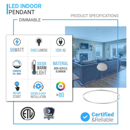 Indoor Modern LED Circular 1-Ring Chandelier, 56W, 3000K, 2462LM, Diameter 39.4''×71'', Dimmable, Ceiling Lights