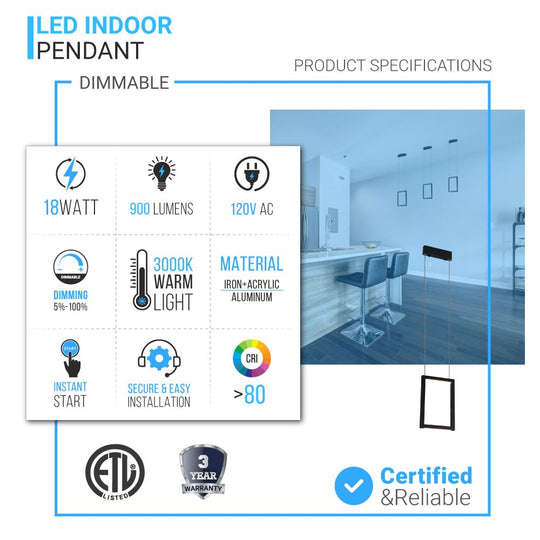 Modern Rectangular LED Chandelier, Dimmable - 18W - 3000K - 900LM - For Living Room Dining Room Office Room, Rectangular Pendant Lighting