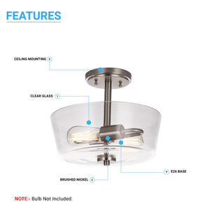 2-Lights, Round, Semi Flush Mount Lights - Stylish Ceiling Light, UL Listed for Damp Location, E26 Base, 3 Years Warranty