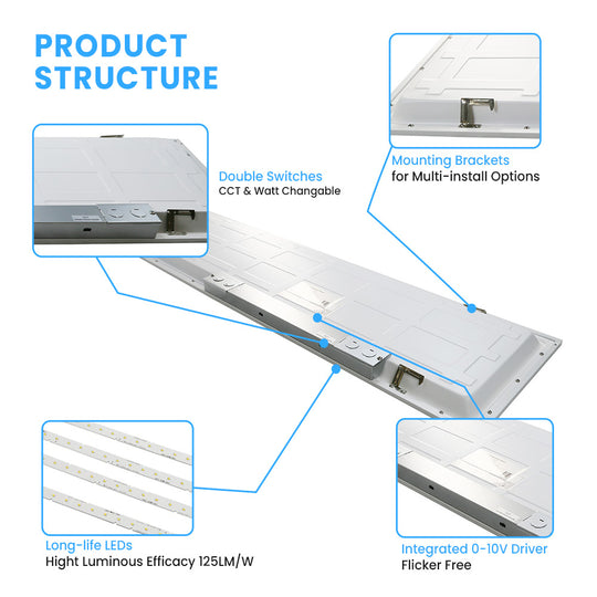 1 ft. x 4 ft. LED Flat Panel Light 20W/30W/40W Wattage Adjustable, 4000k/5000K/6500K CCT Changeable, Dip Switch, 0-10V Dim, 120-277V, ETL, DLC 5.1, Recessed Back-lit Fixture