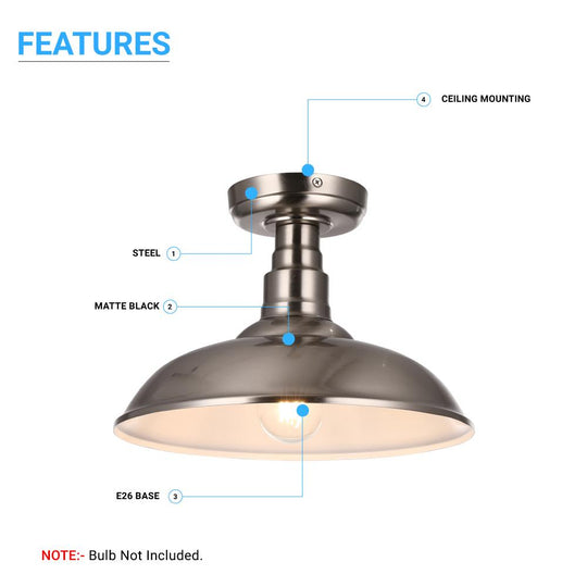 Industrial, Semi Flush Mount, Close to Ceiling Lights, Brushed Nickel, E26 Base, UL Listed, 3 Years Warranty