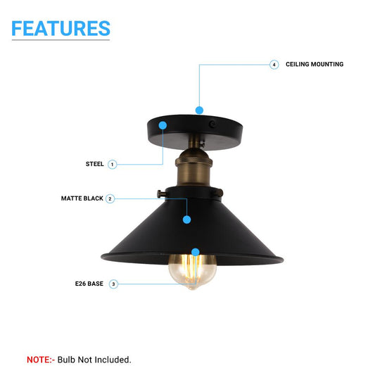 Semi Flush Mount Ceiling Lights Industrial Style, Antique Brass Finish with Matte Black color, E26 Base, UL Listed, 3 Years Warranty