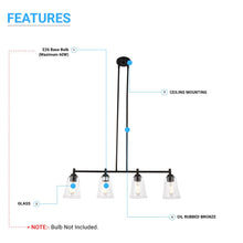 Load image into Gallery viewer, 4-Lights Clear Glass Shade, Island Linear Pendant Light, E26 Base, UL Listed for Damp Location
