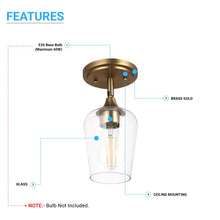 Load image into Gallery viewer, Semi-Flush Mount Lighting Brass Gold, with Bell Shape, E26 Base for Damp Location, Clear Glass Shade, Ceiling Mounting, UL Listed