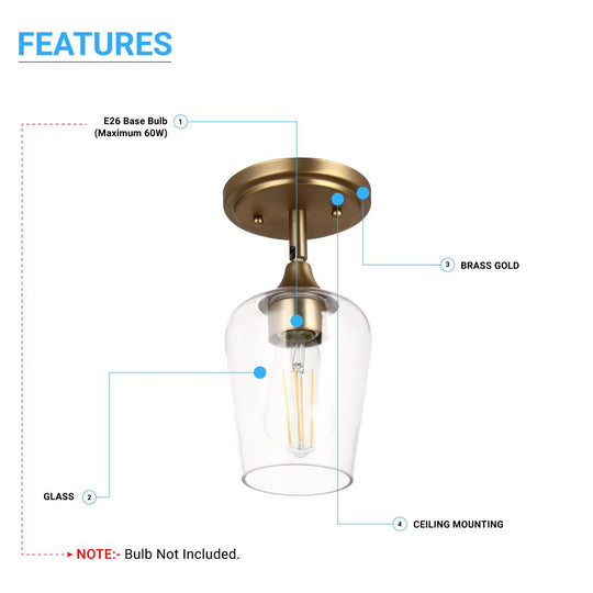 Semi-Flush Mount Lighting Brass Gold, with Bell Shape, E26 Base for Damp Location, Clear Glass Shade, Ceiling Mounting, UL Listed