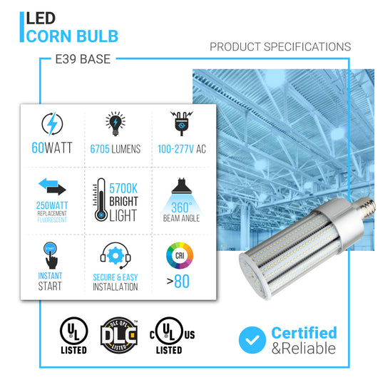 60W LED Corn Cob Bulb, 5700K, E39 Mogul Base, 100-277 Volt, 210 Watt Equivalent, 6600 Lumens, Outdoor Lighting, LED Corn Bulb