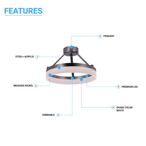 Modern Ceiling Light Fixture, Ring Semi Flush Mount LED, 25w, 3000k, 1450 Lumens, Dimmable (Warm White), ETL Listed, Brushed Nickel Finish