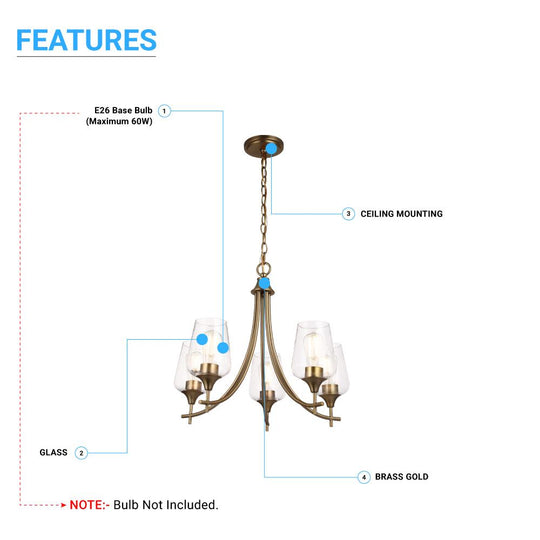 5-Lights Chandelier Lighting - Brass Gold Finish, Clear Glass Shades, UL Listed for Damp Location, E26 Socket, 3 Years Warranty