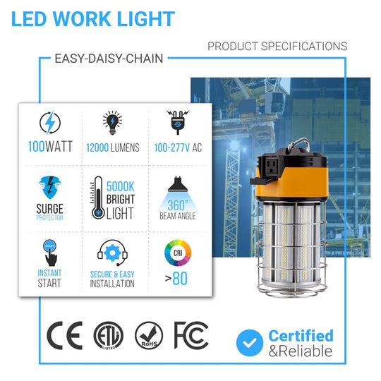 LED Temporary Work Light Fixture, 100 Watt, 12,000Lm 5000K Daylight, IP64 rated, Outdoor Construction Light