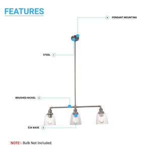 3-Lights Bell Shape - Pendant Lights for Kitchen Island, E26 Base, Clear Glass Shade, UL Listed