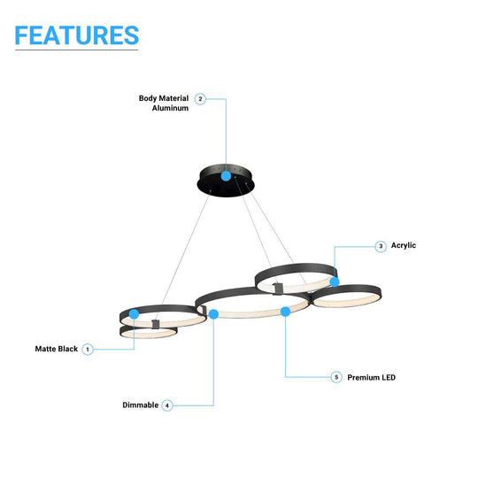 5-Light, Modern Circular Chandelier, 3677 Lumens, Wheel Chandelier, 92W, 3000K (Warm White), Dimension: 50.1''x31.6''x110'