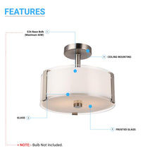 Load image into Gallery viewer, Flush Mount Drum Shape Light, E26 Base, Frosted Glass Shade and Brushed Nickel Finish, UL Listed - Damp Location