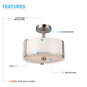 Flush Mount Drum Shape Light, E26 Base, Frosted Glass Shade and Brushed Nickel Finish, UL Listed - Damp Location