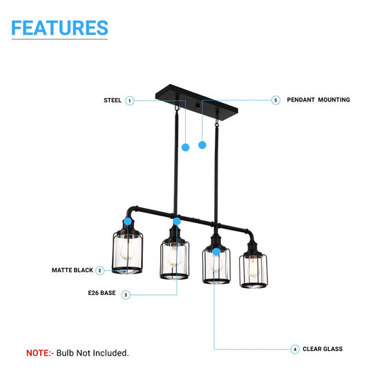 Linear Pendant Lighting Modern, 4-Lights with Clear Glass Shades, E26 Base, for Damp Location, UL Listed, Matte Black Finish